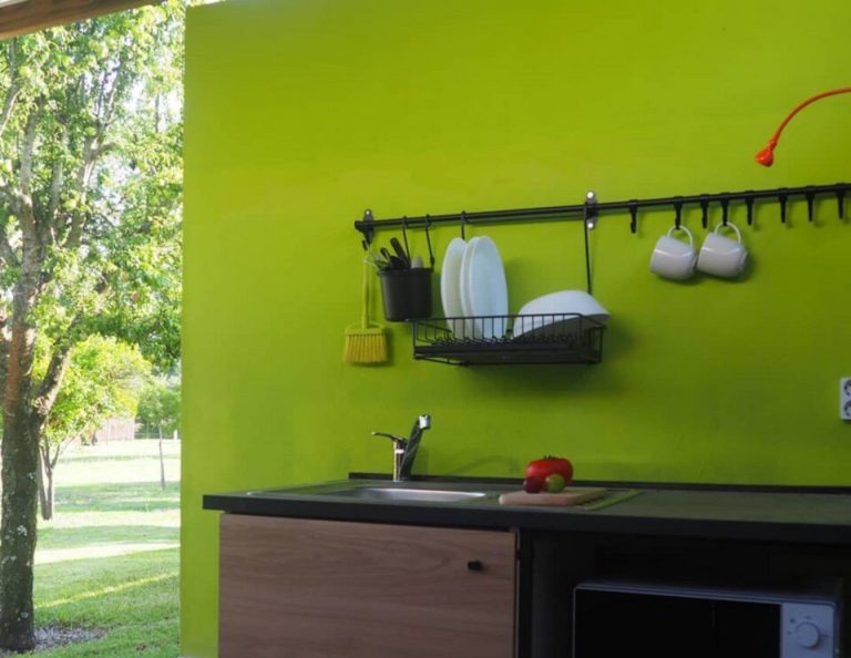 Küchenbereich im Freien mit heller lindgrüner Wand, schwarzen Regalen mit Geschirr und Tassen, Spüle, Mikrowelle und holzverkleideten Schränken, im Hintergrund sind Bäume und Gras zu sehen.