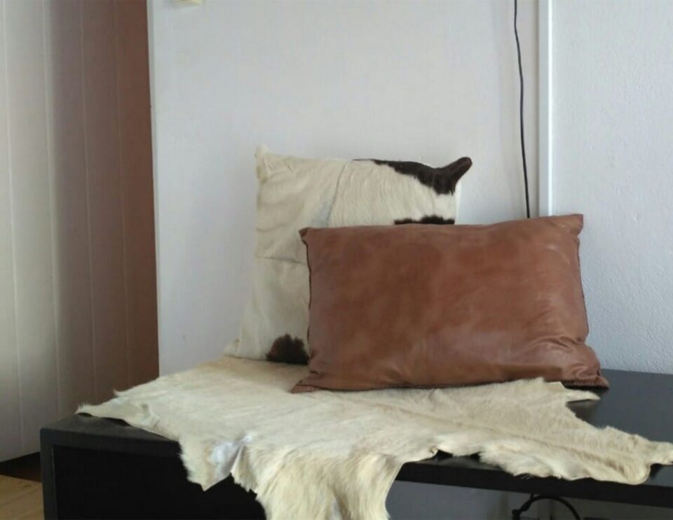 Eine schwarz-weiße Katze sitzt auf einem cremefarbenen Kissen hinter einem braunen Lederkissen auf einer dunklen Bank vor einer weißen Wand.