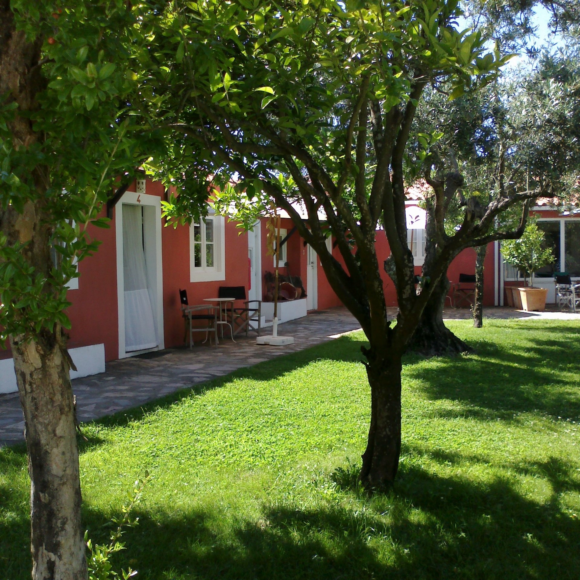 Bungalows rojos de una sola planta con patios privados y zonas de descanso al aire libre, rodeados de árboles centenarios y un césped verde