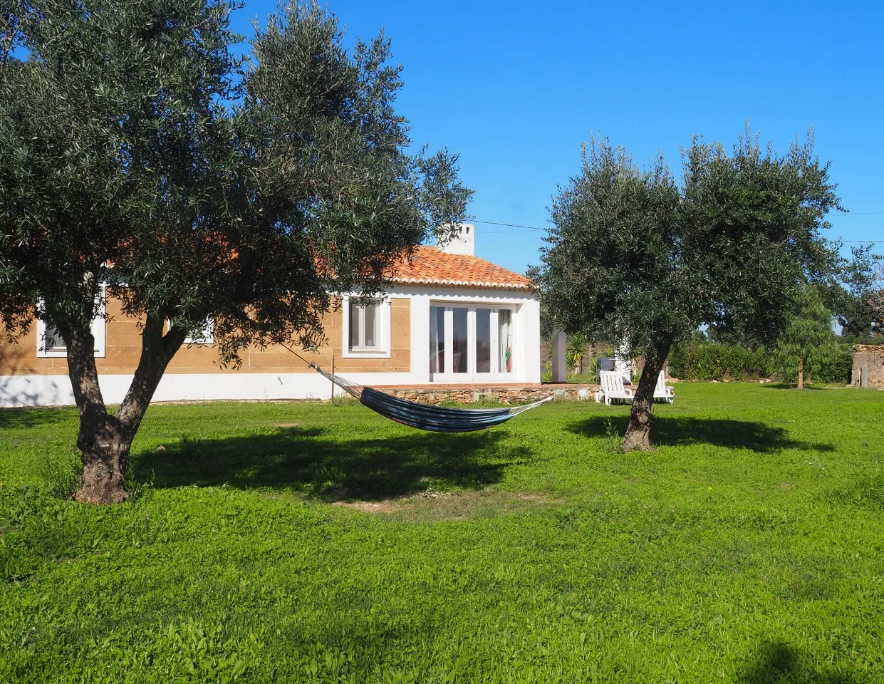 Een huis van één verdieping met witte en terracotta muren ligt op een grasveld bezaaid met olijfbomen, met een hangmat gespannen tussen twee bomen op de voorgrond en een witte Adirondack stoel zichtbaar aan de rechterkant.