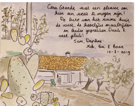Watercolor sketch of Casa Grande with handwritten Dutch guest note signed by Daphne, dated 13-8-2019